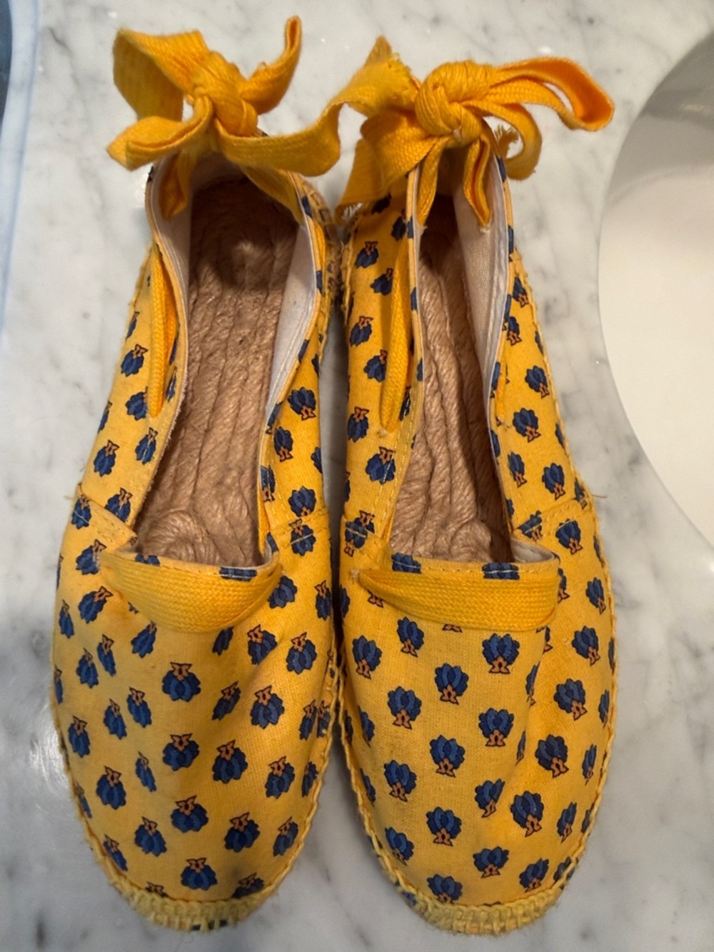 Yellow Floral Espadrille Flats with Ankle Tie